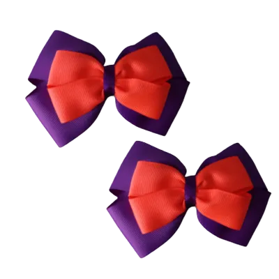 School Hair Accessories - Double Cherish Hair Bow 11cm - Purple Base & Centre Ribbon (24 colours top)