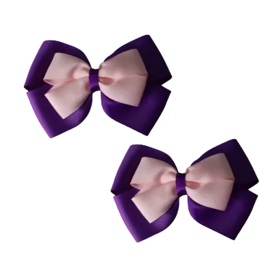 School Hair Accessories - Double Cherish Hair Bow 11cm - Purple Base & Centre Ribbon (24 colours top)
