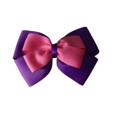 School Hair Accessories - Double Cherish Hair Bow 11cm - Purple Base & Centre Ribbon (24 colours top)