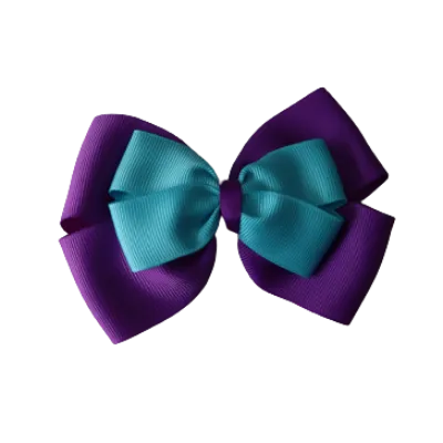 School Hair Accessories - Double Cherish Hair Bow 11cm - Purple Base & Centre Ribbon (24 colours top)