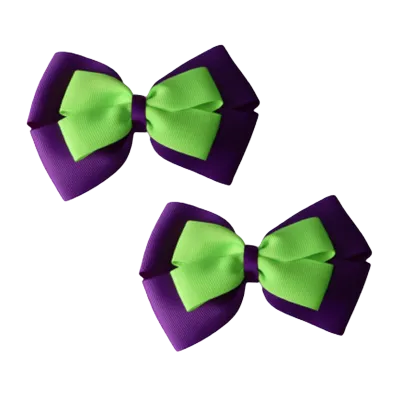 School Hair Accessories - Double Cherish Hair Bow 11cm - Purple Base & Centre Ribbon (24 colours top)