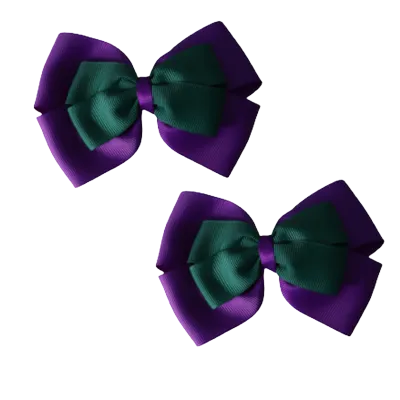 School Hair Accessories - Double Cherish Hair Bow 11cm - Purple Base & Centre Ribbon (24 colours top)