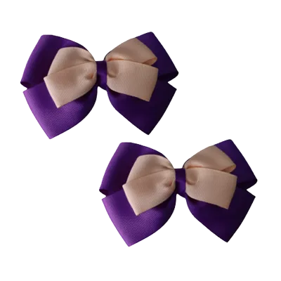 School Hair Accessories - Double Cherish Hair Bow 11cm - Purple Base & Centre Ribbon (24 colours top)