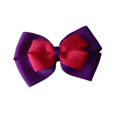 School Hair Accessories - Double Cherish Hair Bow 11cm - Purple Base & Centre Ribbon (24 colours top)