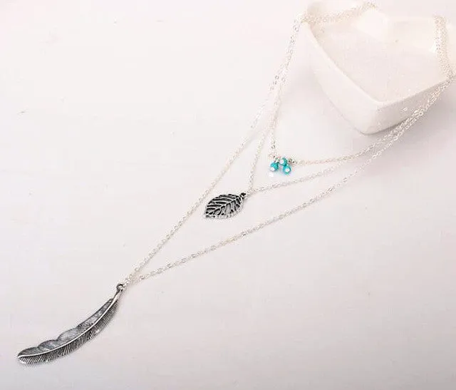 Simple turquoise Necklaces Leaf Long Pendant Necklaces 3 Layer Chain Necklace multilayer Necklaces
