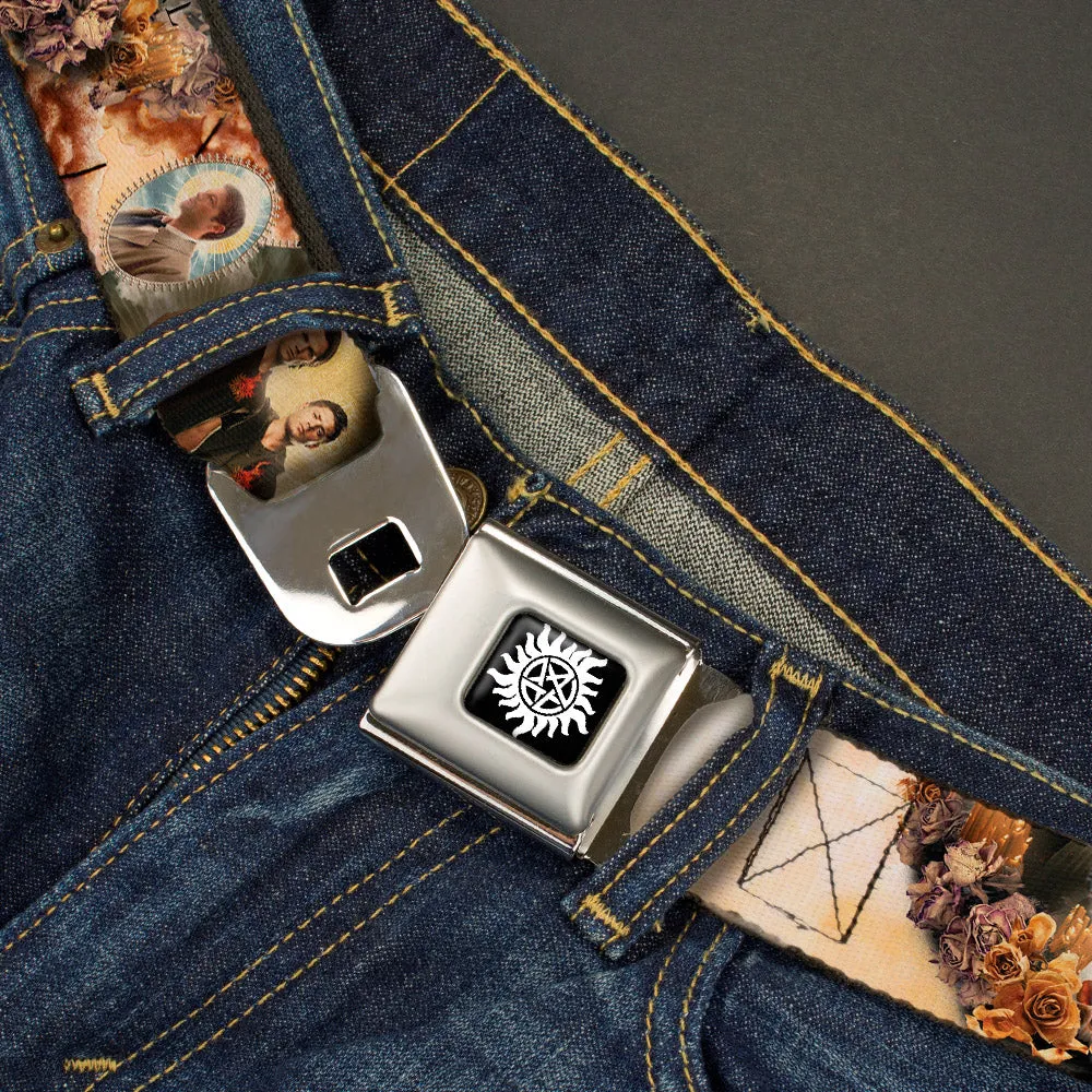 Winchester Logo Full Color Black White Seatbelt Belt - SUPERNATURAL 4-Character Saintly Icons/Skull & Roses Webbing