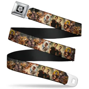 Winchester Logo Full Color Black White Seatbelt Belt - SUPERNATURAL 4-Character Saintly Icons/Skull & Roses Webbing